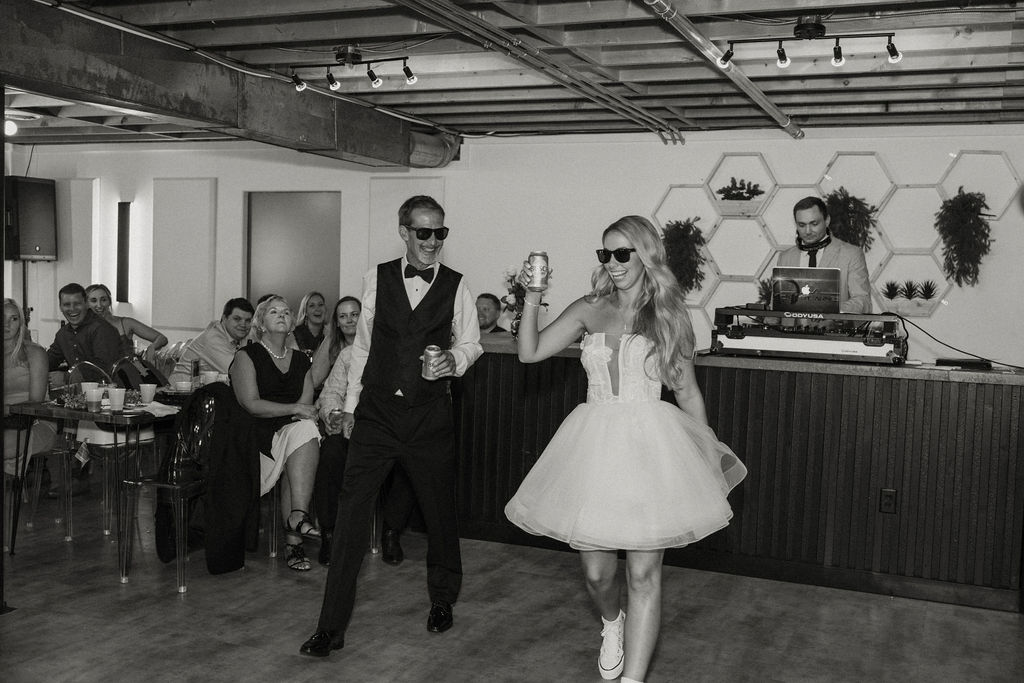 a black and white themed wedding reception